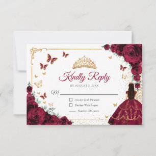 Elegante Schicke Burgunderrosen Goldene Quinceaner RSVP Karte