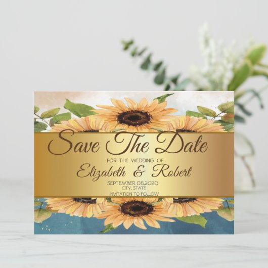Elegante schicke Goldblumen Save the Date (Stehend Vorderseite)