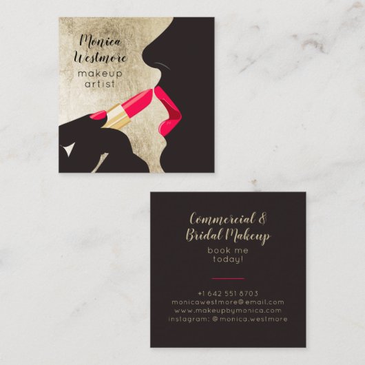 Elegante schicke Goldfolie Rote Lippenstift-Make-u Quadratische Visitenkarte (Vorne/Hinten)