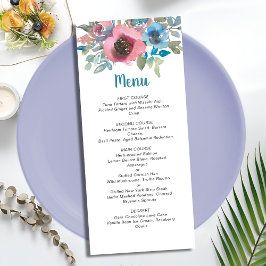 Elegante schicke Hochzeit mit Blauen und rosa Wass Menükarte