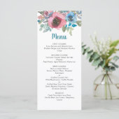 Elegante schicke Hochzeit mit Blauen und rosa Wass Menükarte (Stehend Vorderseite)