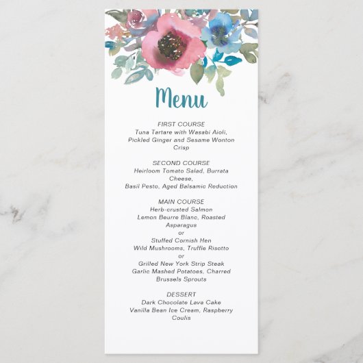 Elegante schicke Hochzeit mit Blauen und rosa Wass Menükarte (Vorderseite)