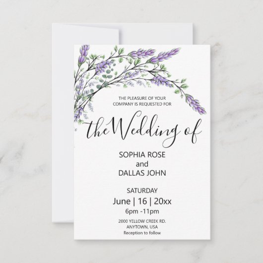 Elegante schicke Lavendel Eukalyptus Wedding Einladung (Vorderseite)