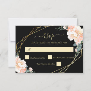 Elegante schicke Schwarz-Gold-Blush Peach Floral W RSVP Karte