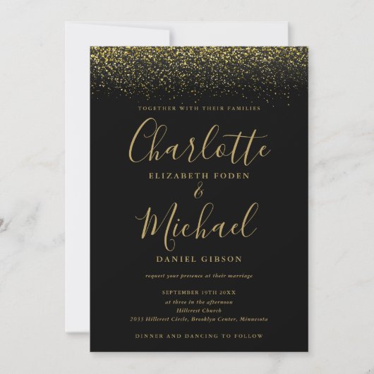Elegante, schicke Schwarz-Gold-Glitzer-Script-Hoch Einladung (Vorderseite)