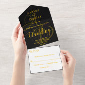 Elegante schicke Schwarz-Gold-Monogramm-Hochzeit All In One Einladung (Abreißen)