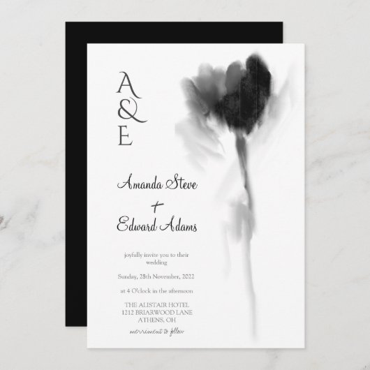 Elegante, schicke Schwarz-Weiß-Tulip-Blütenhochzei Einladung (Vorne/Hinten)