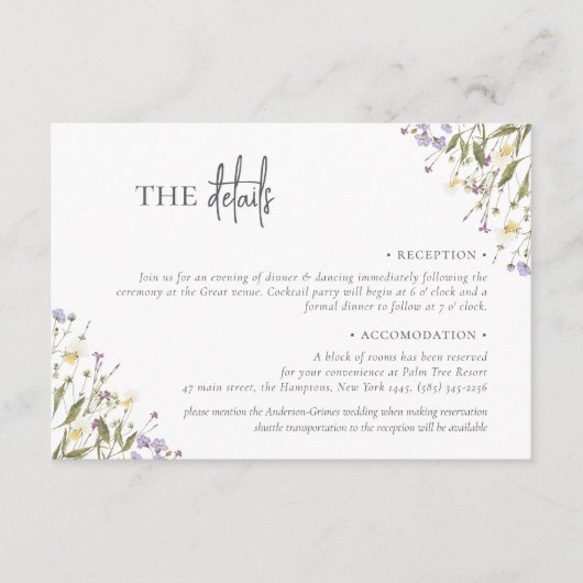 Elegante schicke Wildblume Hochzeitsunterkunft Begleitkarte (Vorderseite)