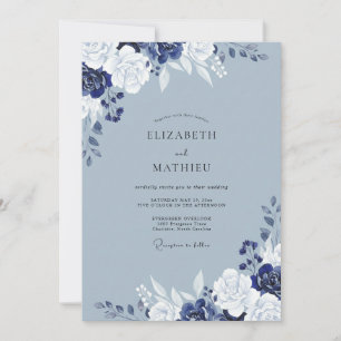 Elegante Schiefer Indigo-Blüten-Hochzeit Einladung