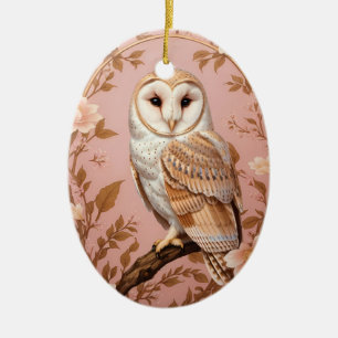 Elegante Schleiereule Rosa und Gold Blumen Keramik Ornament