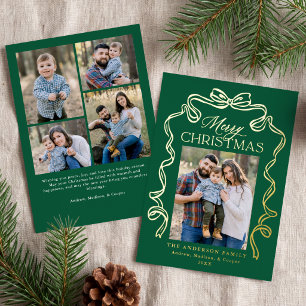 Elegante Schleife Grün Frohe Weihnachten 5 Foto Folien Feiertagskarte