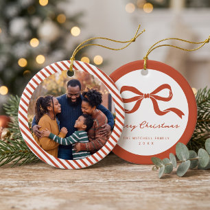 Elegante Schleifen-Familienfoto-Weihnachten Keramik Ornament