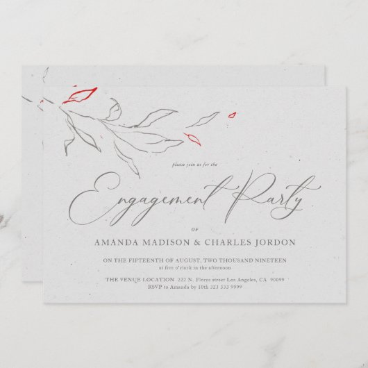 Elegante, schlichte, graue und rote Blume Engageme Einladung (Vorne/Hinten)