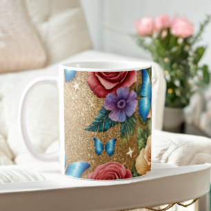 Elegante Schmetterling- und Blütengoldblüte-Tasse Kaffeetasse