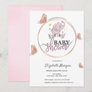 Elegante Schmetterlinge Rosa Elephant Baby Dusche Einladung