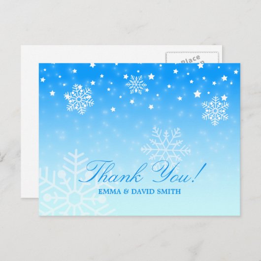 Elegante Schneeflocke-danken blaue Winter-Hochzeit Postkarte (Vorne/Hinten)