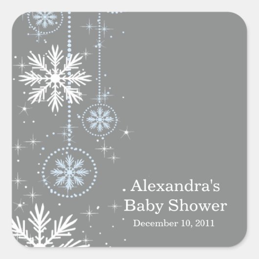 Elegante Schneeflocken Blue & Gray Baby Shower Squ Quadratischer Aufkleber (Vorderseite)