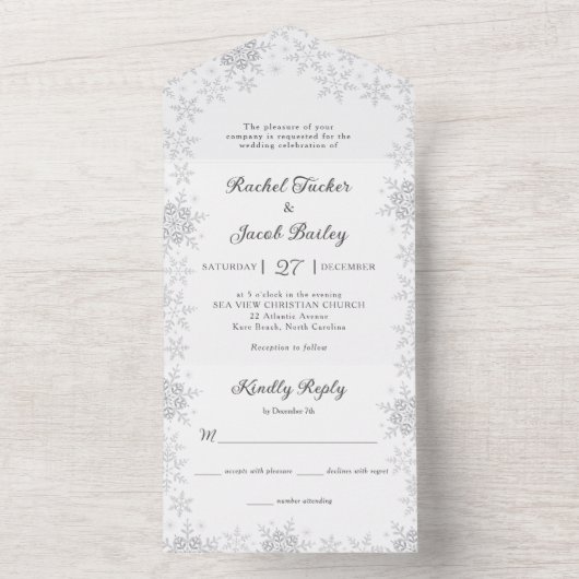 Elegante Schneeflocken Border White Christmas All In One Einladung (Innen Boden)