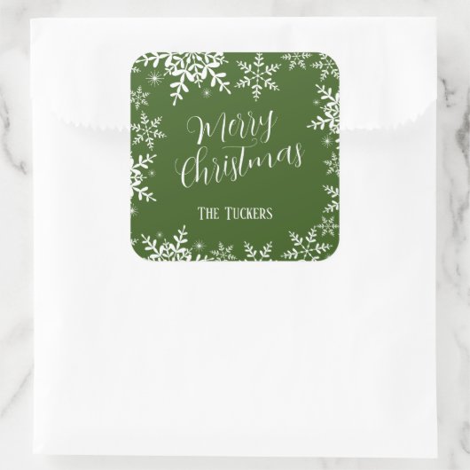 Elegante Schneeflocken Dark Green Frohe Weihnachts Quadratischer Aufkleber (Tasche)