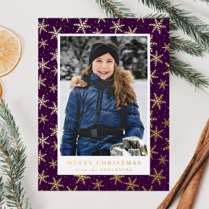 Elegante Schneeflocken Foto Lila und Gold Folien Feiertagspostkarte