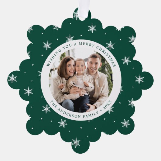 Elegante Schneeflocken Grün 2 Foto Urlaub Ornament Karte (Vorderseite)