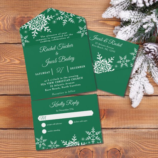 Elegante Schneeflocken Grüne Weihnachtsfeier All In One Einladung