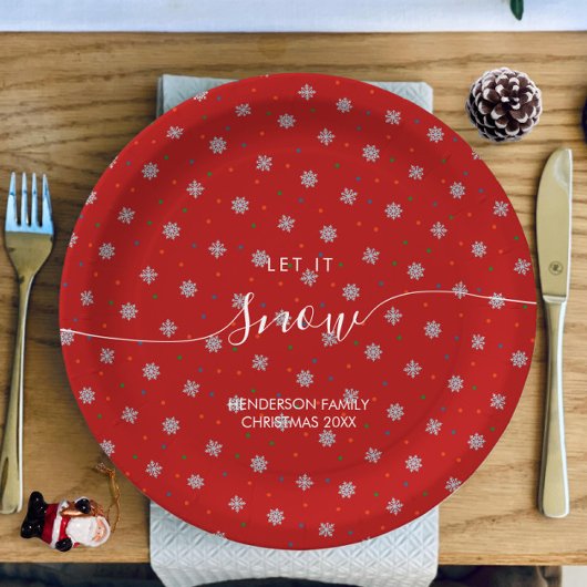 Elegante Schneeflocken in Rot und Weiß Pappteller
