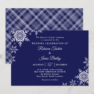 Elegante Schneeflocken Karo Navy Blau Hochzeit Einladung