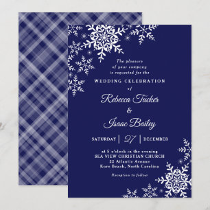Elegante Schneeflocken Karo Navy Blau Hochzeit Einladung
