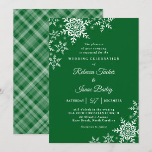 Elegante Schneeflocken Karo Waldgrüne Hochzeit Einladung