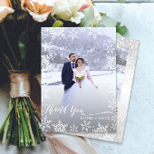 Elegante Schneeflocken & Script 2-Foto Winterhochz Dankeskarte