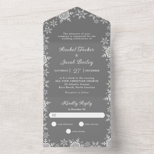 Elegante Schneeflocken Silbergraue Weihnachtsfeier All In One Einladung (Innen Boden)