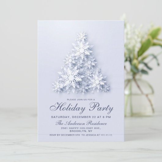 Elegante Schneeflocken Tree Holiday Weihnachten Pa Einladung (Stehend Vorderseite)