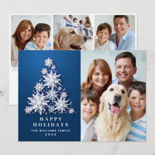 Elegante Schneeflocken Weihnachtsbaum 4 Foto Feiertagskarte (Vorne/Hinten)