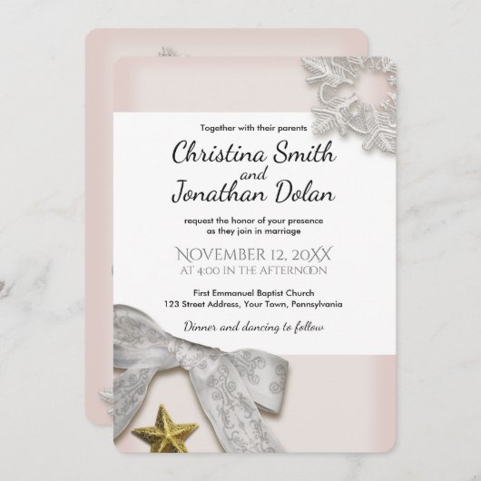 Elegante Schneeflocken Winterhochzeit Einladung (Vorne/Hinten)