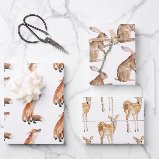 Elegante Schneewinters Animals Red Fox Hare Doe De Geschenkpapier Set (Vorderseite)