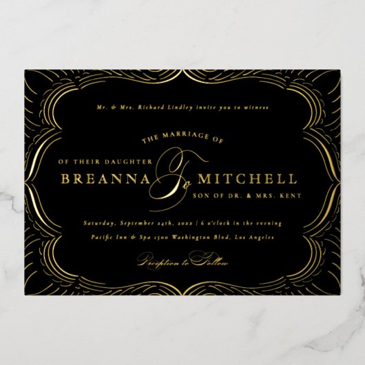 Elegante Schnörkel Formal Wedding Gold Folieneinladung (Vorderseite)