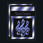 Elegante, schöne blaue Treble Clefs Sweet 16 Einladung<br><div class="desc">Frauen und Mädchen Custom 16 . Geburtstag / Sweet 16 / 16. Geburtstag Party lädt ein. Elegante, glamouröse, moderne und raffinierte personalisierte Party Einladungen für Damen und Herren mit einem atemberaubenden Design von 3/3 schönen glänzenden funkelnd glänzenden, glänzenden, glänzenden Schmuckstücken, Diamanten-Treble-Klappen auf schwarzem Hintergrund. Ein hübscher schwarzer Streifen mit einem...</div>