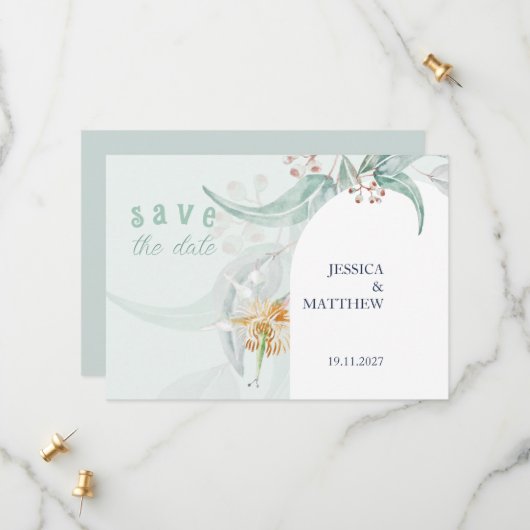Elegante Schöne Minte Eukalyptus Watercolor Save The Date (Vorderseite/Rückseite Beispiel)