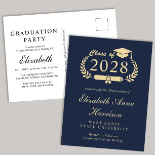 Elegante Schrift Blaue Goldene Hochschul-Abschluss Einladungspostkarte