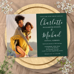 Elegante Schrift Foto Smaragdgrüne Hochzeit Einladung