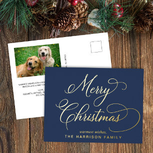 Elegante Schrift Frohe Weihnachten Blau Foto Folien Feiertagspostkarte