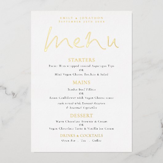 Elegante Schrift Hochzeit Echtfolie-Speisekarte Folieneinladung (Vorderseite)
