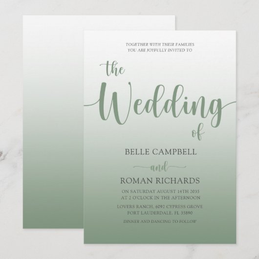 Elegante Schrift Hochzeitseinladung in Salbeigrün Einladung (Vorne/Hinten)
