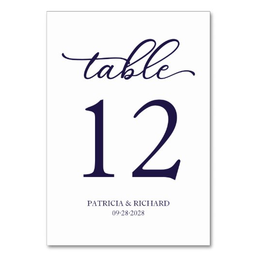 Elegante Schrift Marineblaue Hochzeit Tischnummer (Vorderseite)