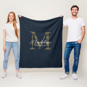 Elegante Schrift Metallisch Navy Blau Gold Monogra Fleecedecke