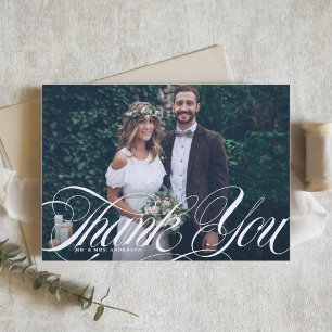 Elegante Schrift mit Flourish Weiß Foto Hochzeit Dankeskarte