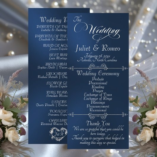 Elegante Schrift & Monogramm - Blaue Hochzeit Programm