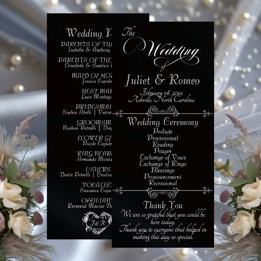 Elegante Schrift & Monogramm - Schwarze Hochzeit Programm