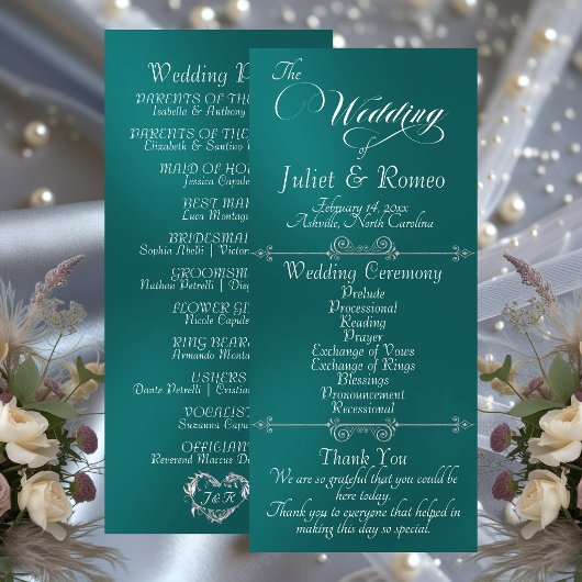Elegante Schrift & Monogramm - Türkise Hochzeit Programm